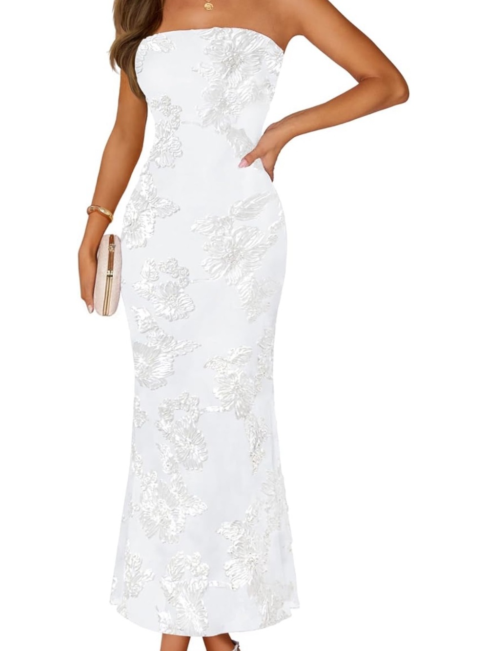 Strapless White Floral Embroidered Maxi Dress